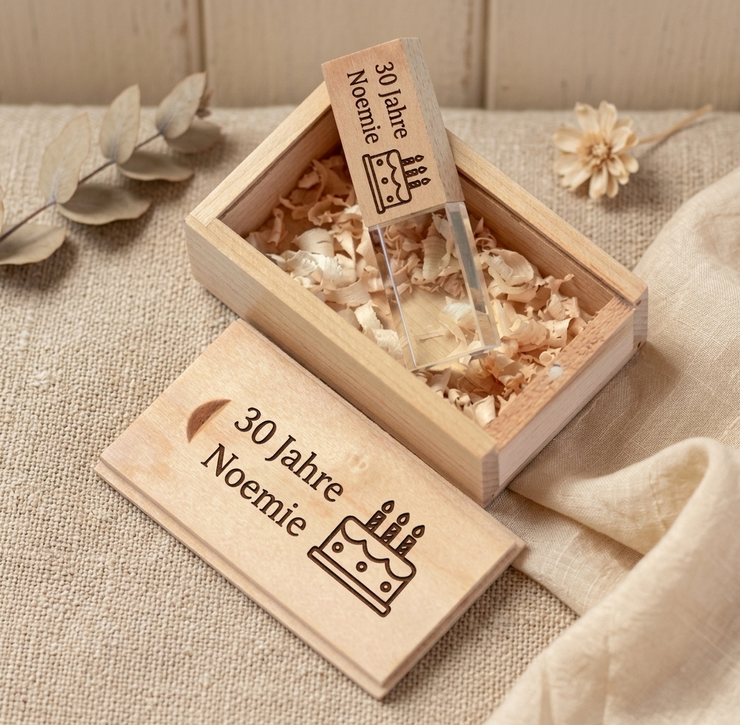 Personalisierte Holzbox mit 64 GB USB-Stick